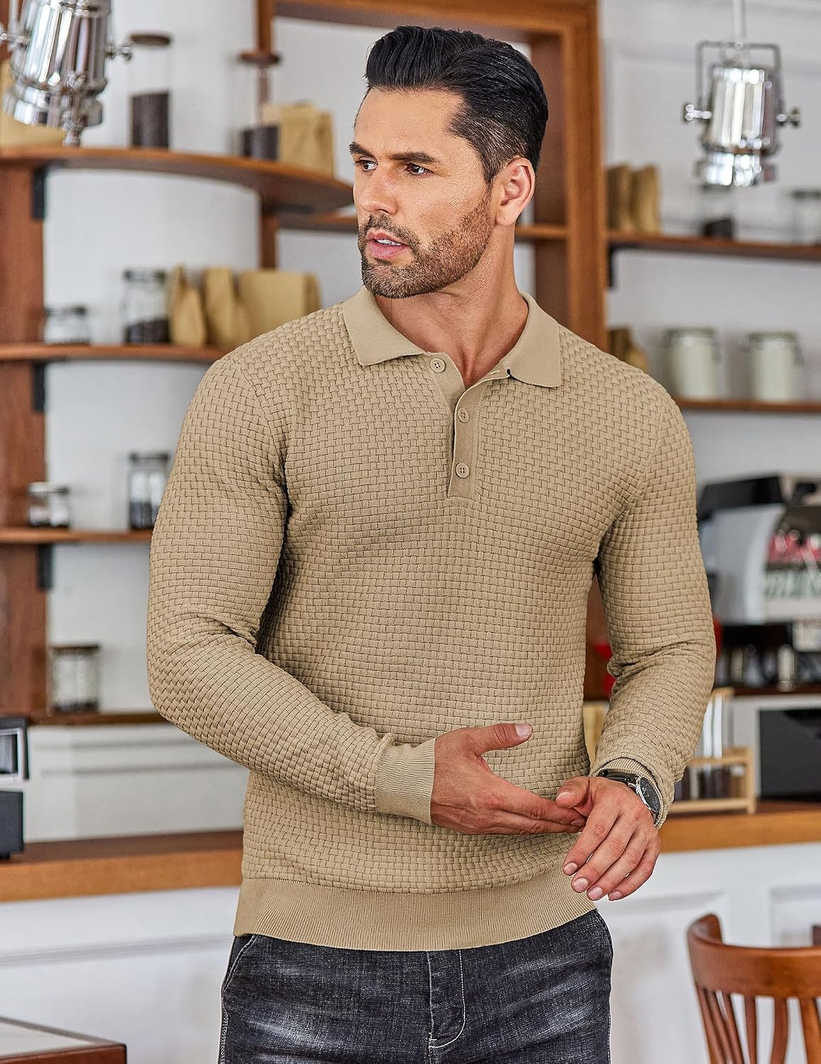 image:imageCOOFANDY Mens Knit Polo Shirts Casual Collared Long Sleeve Sweater PolosKhaki