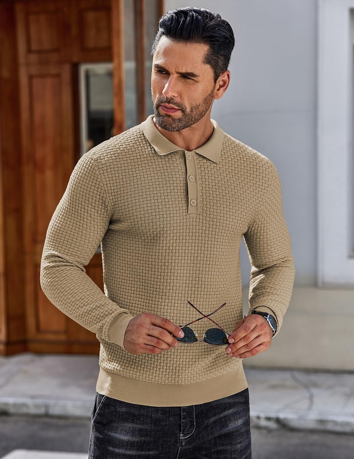 image:imageCOOFANDY Mens Knit Polo Shirts Casual Collared Long Sleeve Sweater PolosKhaki