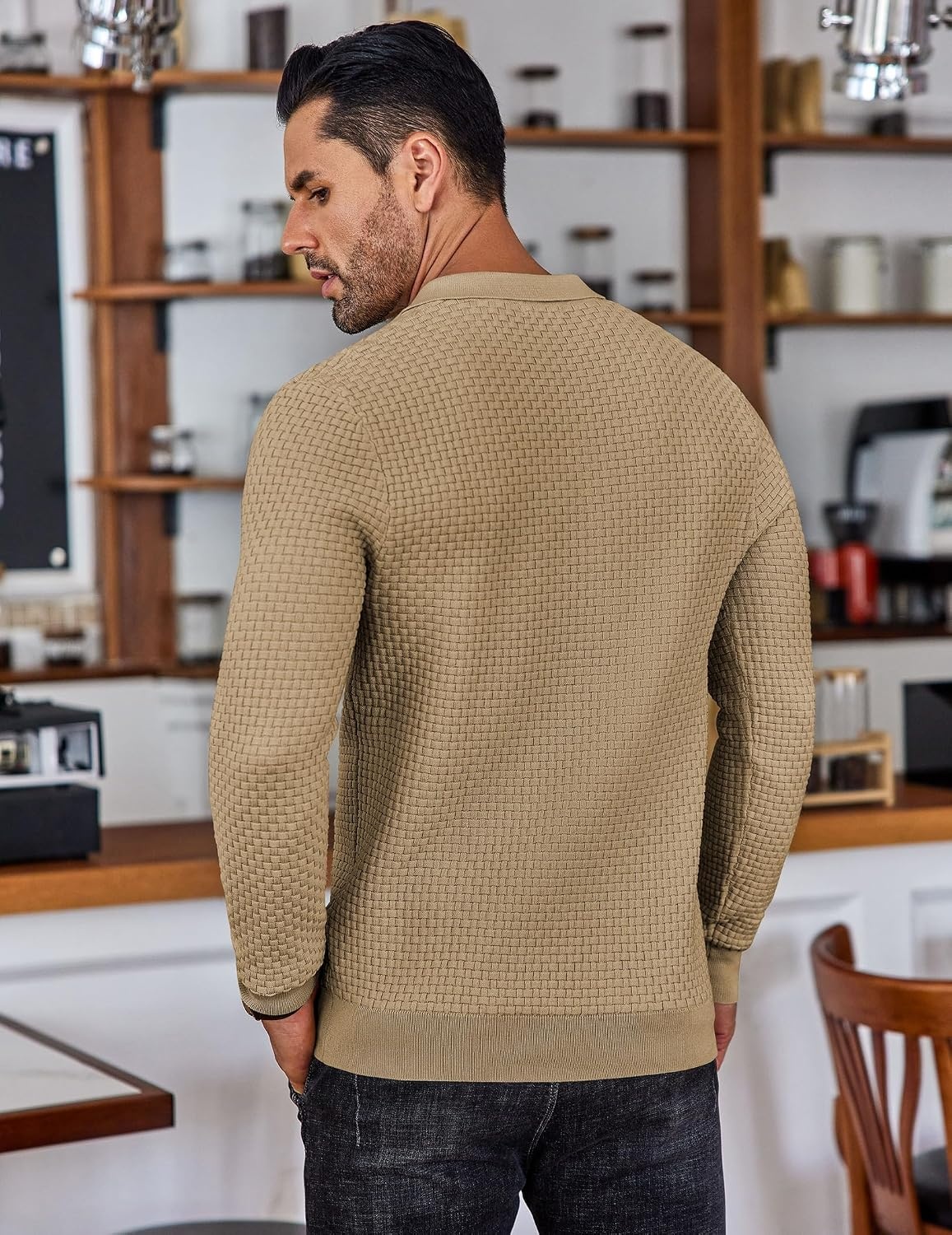 image:imageCOOFANDY Mens Knit Polo Shirts Casual Collared Long Sleeve Sweater PolosKhaki