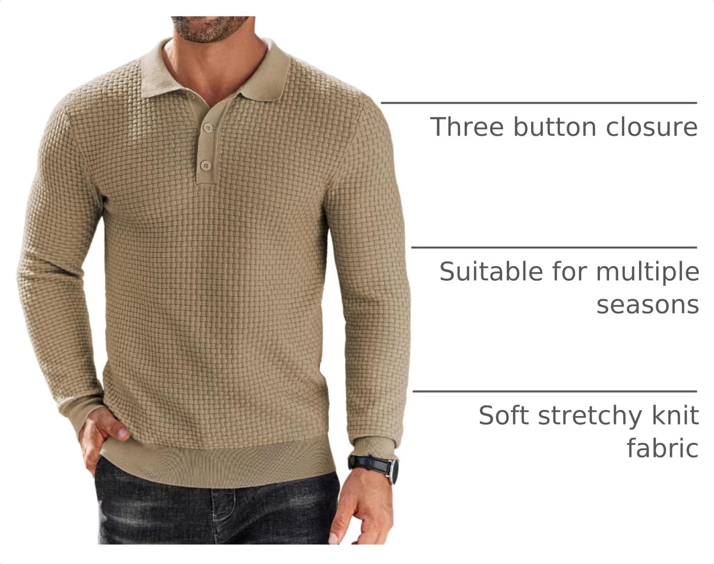 image:imageCOOFANDY Mens Knit Polo Shirts Casual Collared Long Sleeve Sweater PolosKhaki