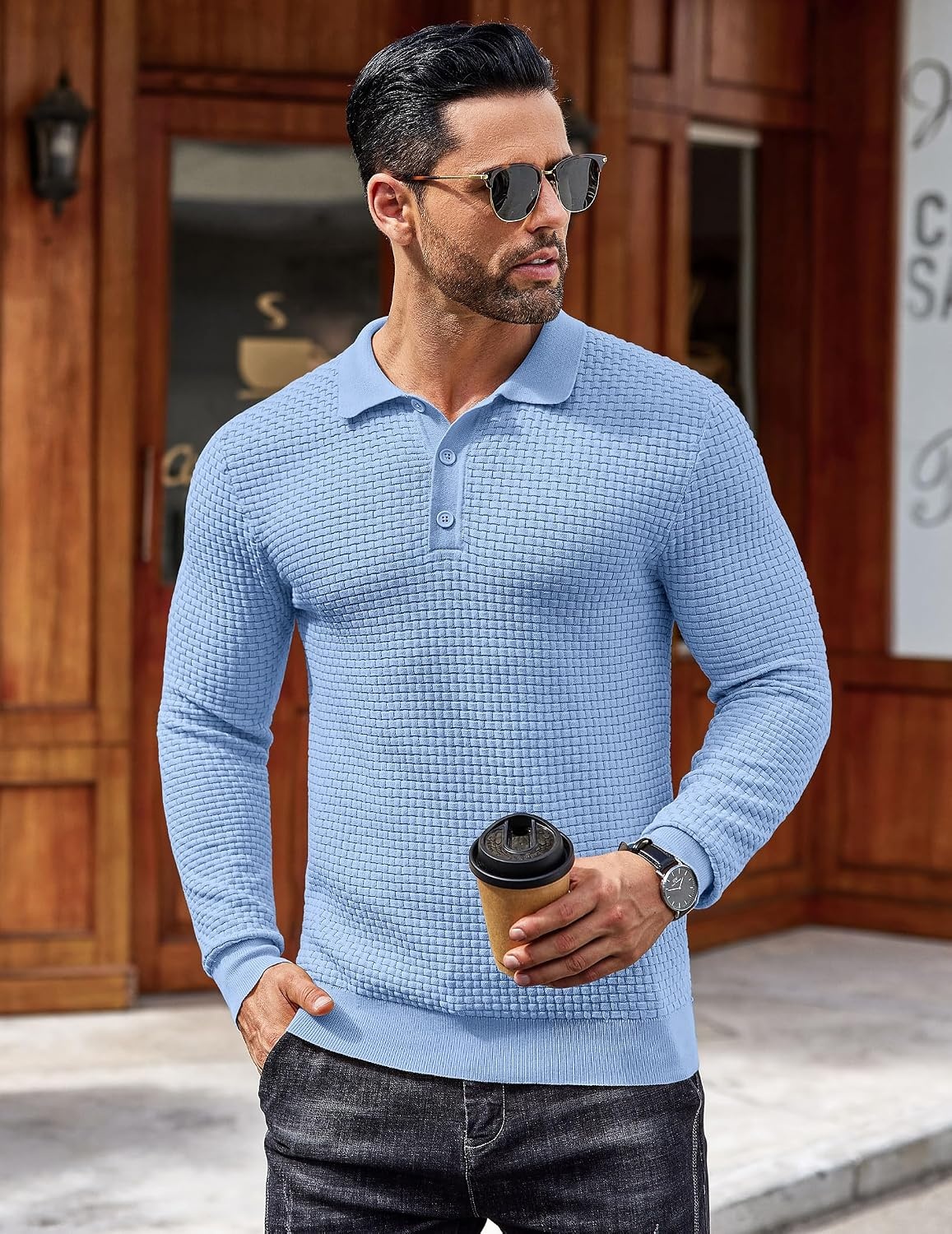 image:imageCOOFANDY Mens Knit Polo Shirts Casual Collared Long Sleeve Sweater PolosLight Blue