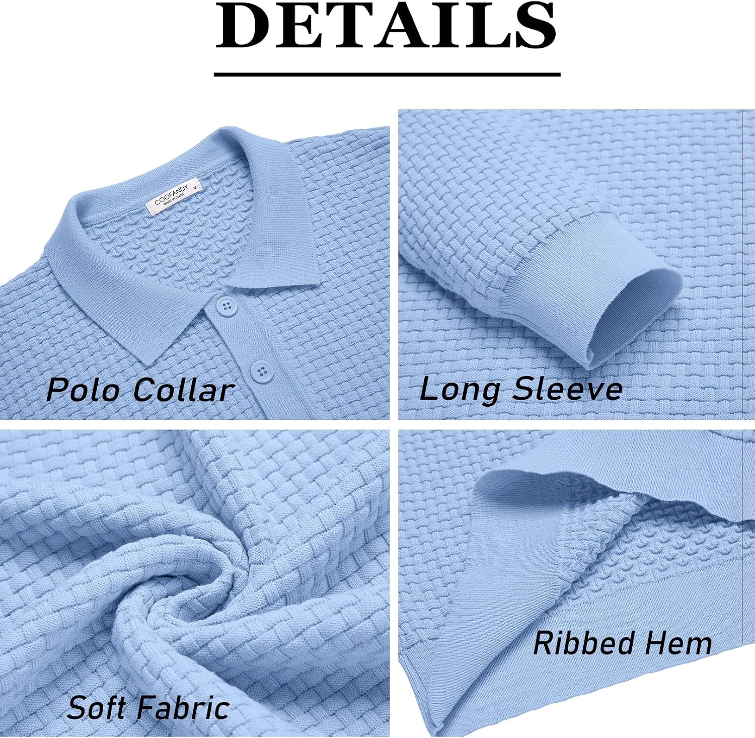image:imageCOOFANDY Mens Knit Polo Shirts Casual Collared Long Sleeve Sweater PolosLight Blue