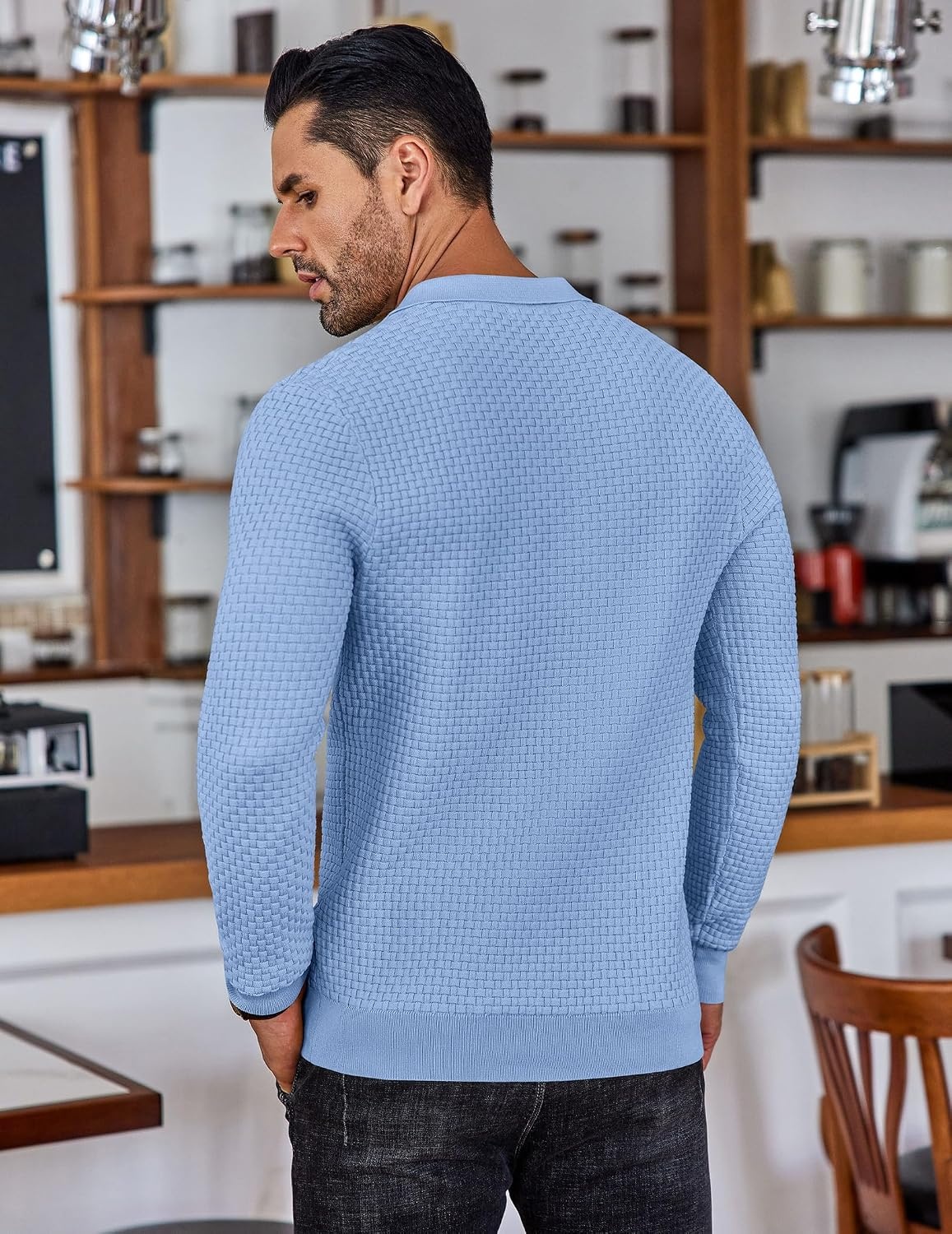 image:imageCOOFANDY Mens Knit Polo Shirts Casual Collared Long Sleeve Sweater PolosLight Blue