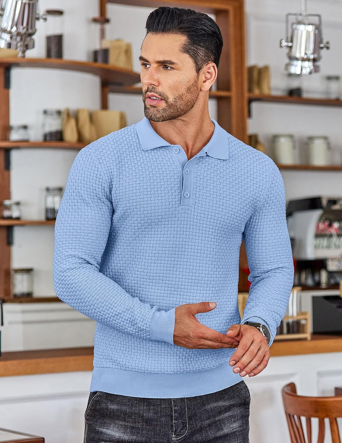 image:imageCOOFANDY Mens Knit Polo Shirts Casual Collared Long Sleeve Sweater PolosLight Blue