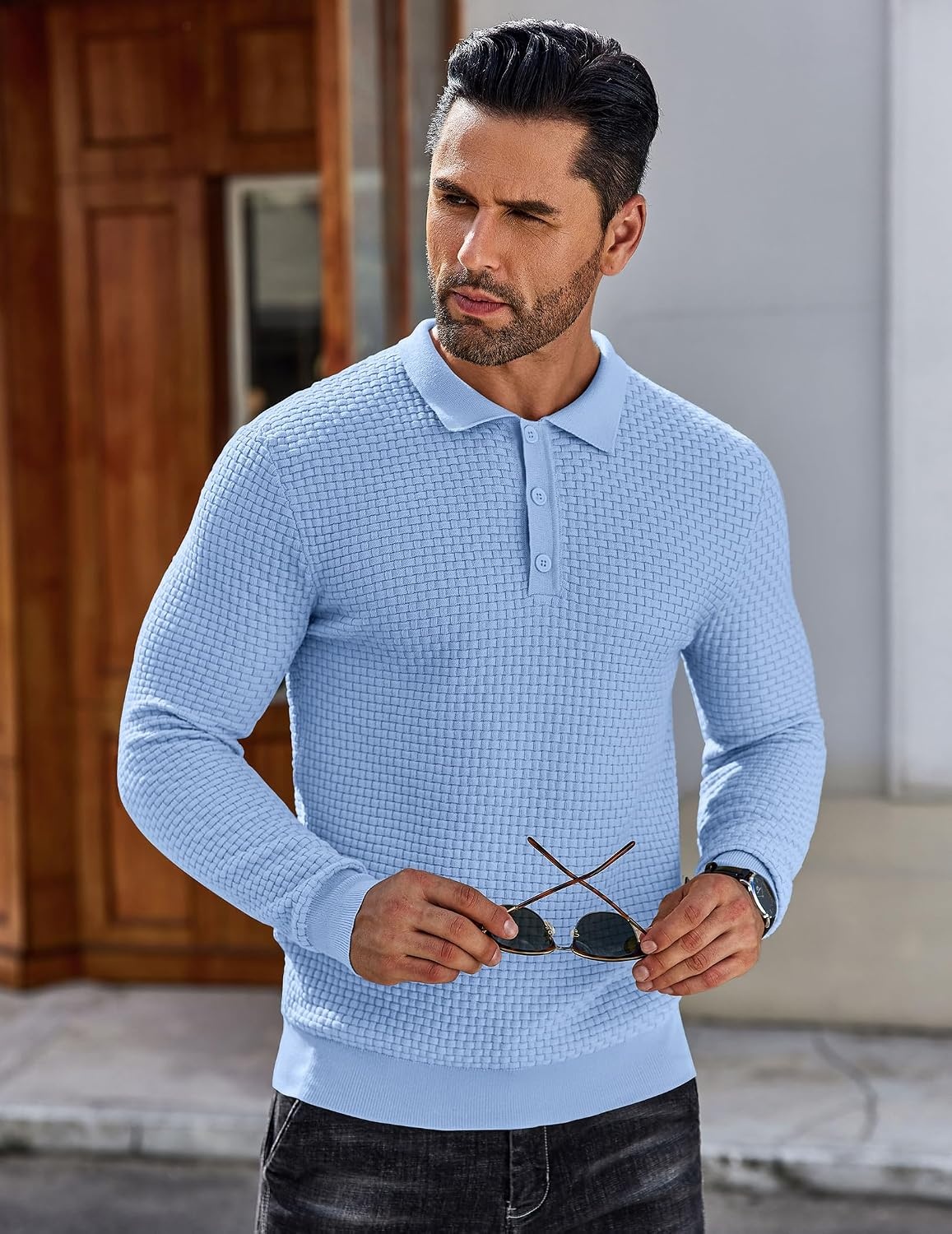 image:imageCOOFANDY Mens Knit Polo Shirts Casual Collared Long Sleeve Sweater PolosLight Blue