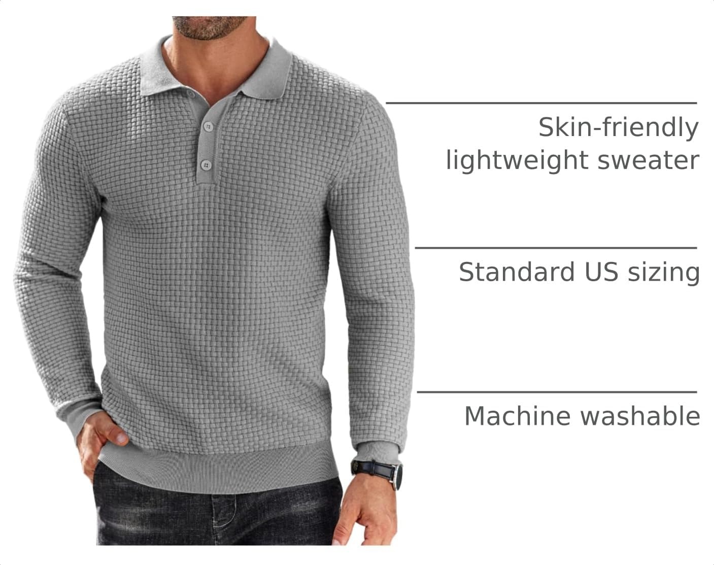image:imageCOOFANDY Mens Knit Polo Shirts Casual Collared Long Sleeve Sweater PolosLight Grey