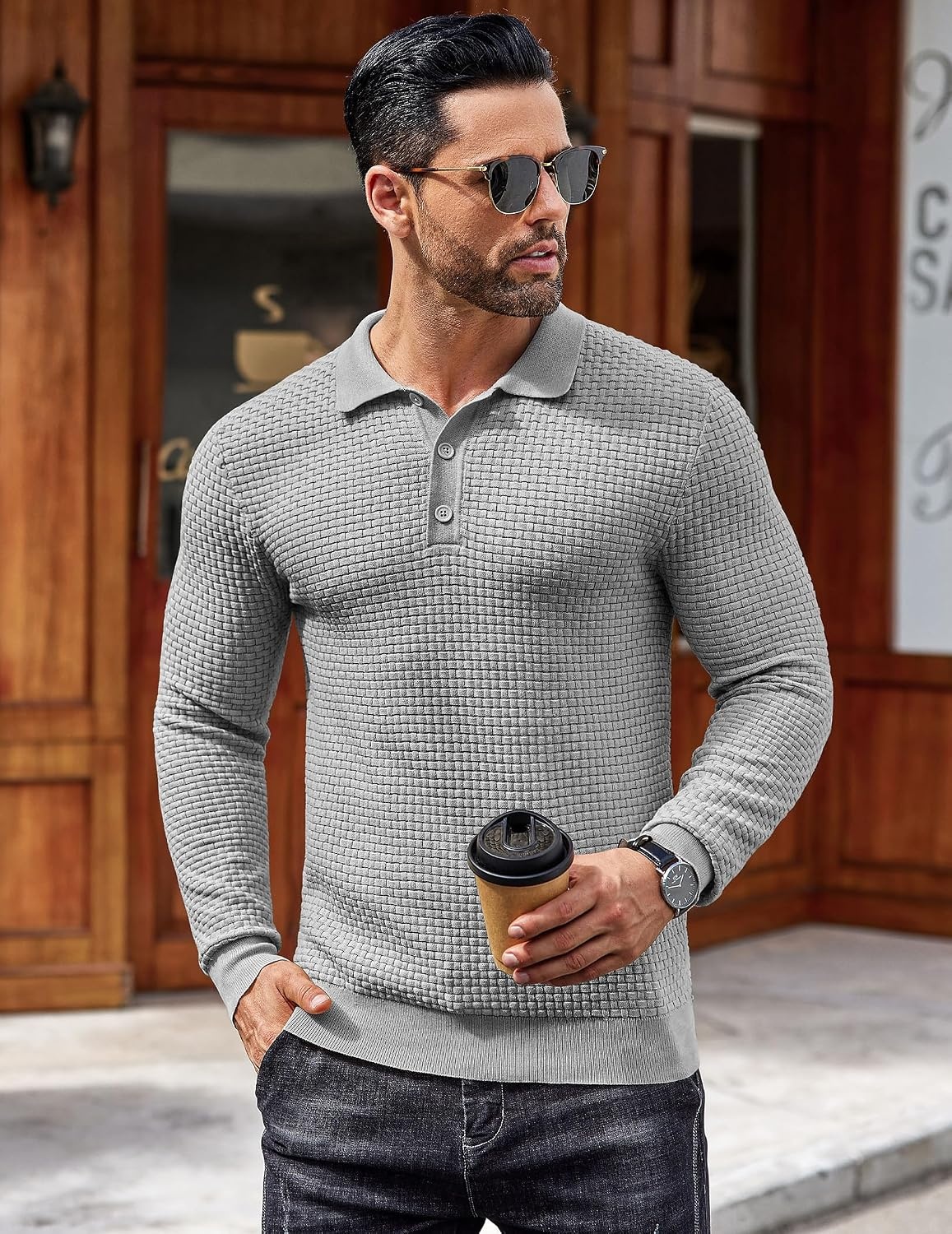 image:imageCOOFANDY Mens Knit Polo Shirts Casual Collared Long Sleeve Sweater PolosLight Grey