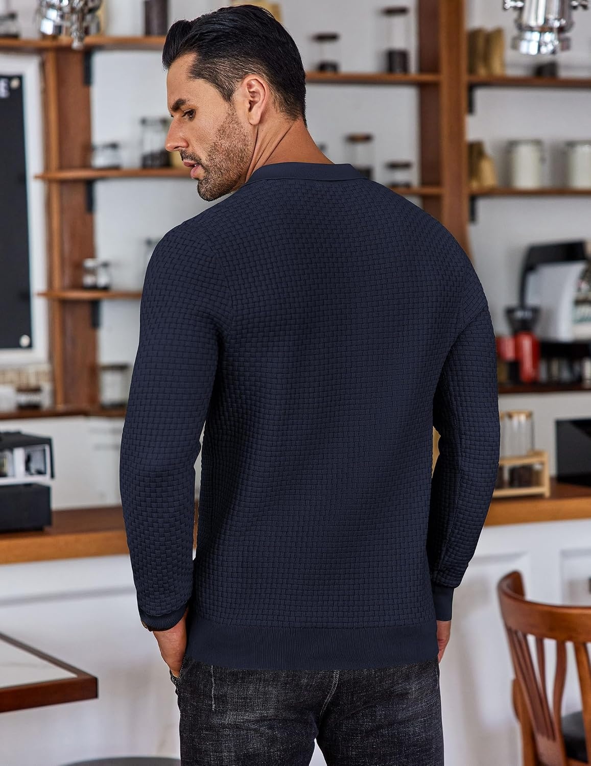 image:imageCOOFANDY Mens Knit Polo Shirts Casual Collared Long Sleeve Sweater PolosNavy Blue
