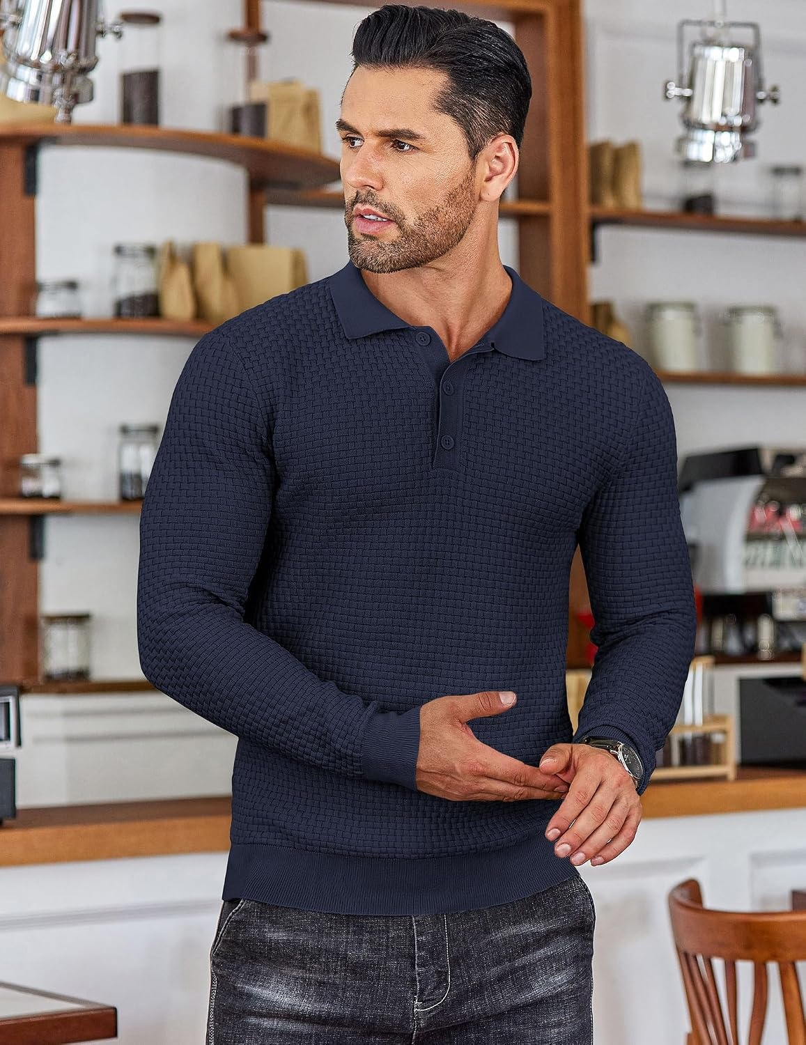 image:imageCOOFANDY Mens Knit Polo Shirts Casual Collared Long Sleeve Sweater PolosNavy Blue