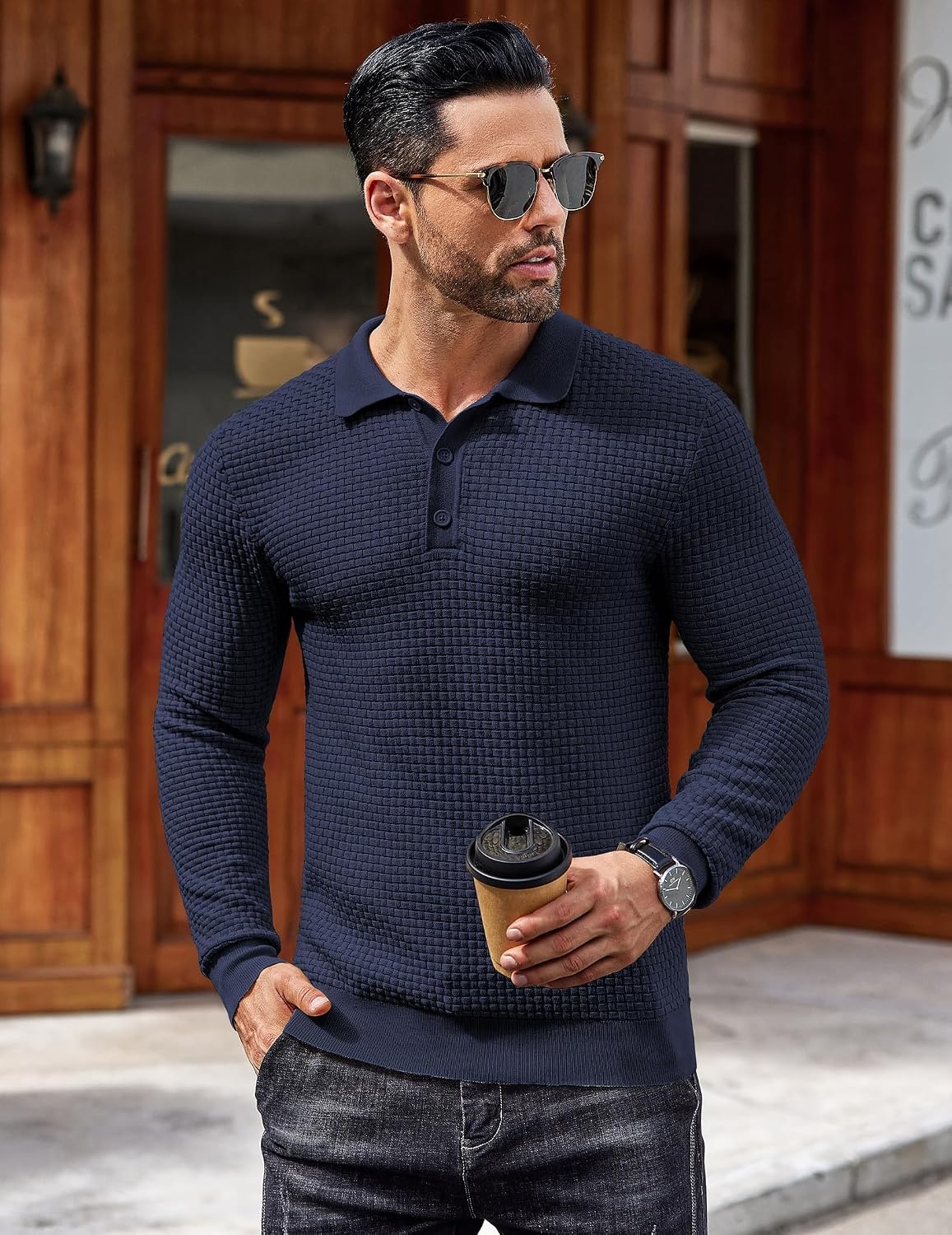 image:imageCOOFANDY Mens Knit Polo Shirts Casual Collared Long Sleeve Sweater PolosNavy Blue