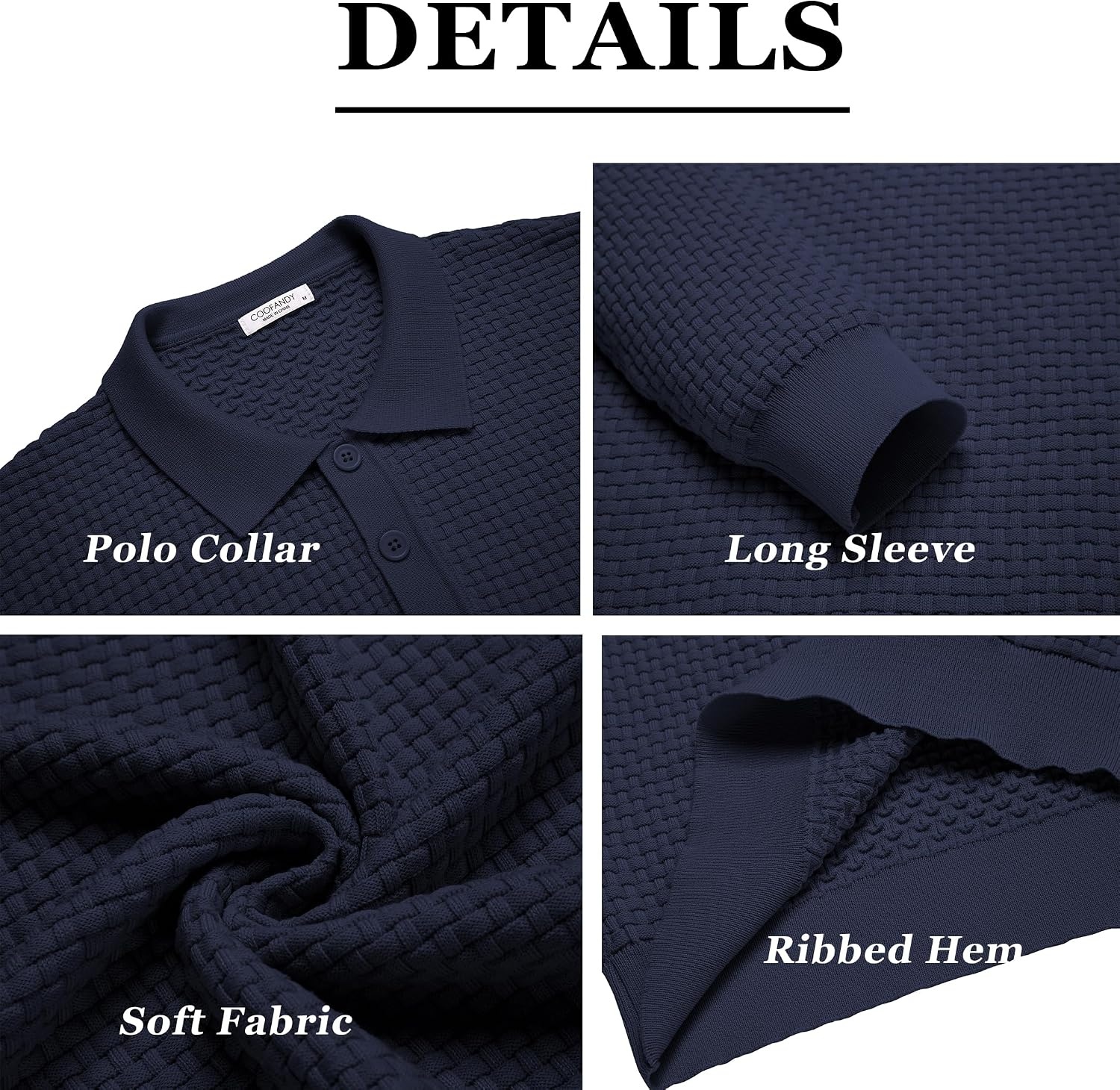 image:imageCOOFANDY Mens Knit Polo Shirts Casual Collared Long Sleeve Sweater PolosNavy Blue