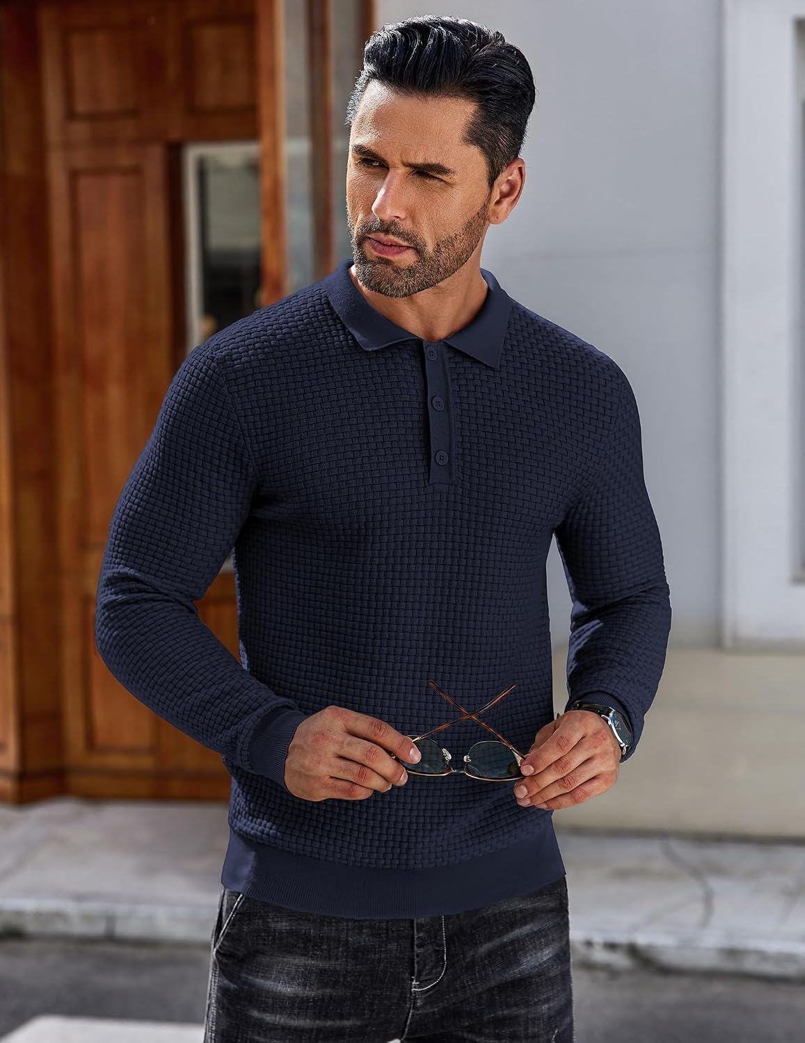 image:imageCOOFANDY Mens Knit Polo Shirts Casual Collared Long Sleeve Sweater PolosNavy Blue