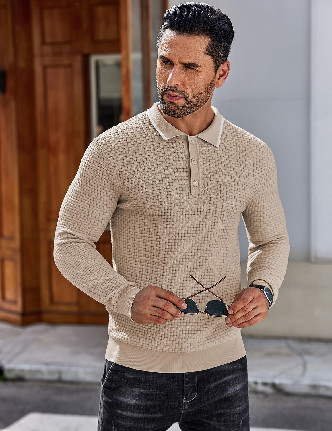 image:imageCOOFANDY Mens Knit Polo Shirts Casual Collared Long Sleeve Sweater PolosStripedlight Khaki