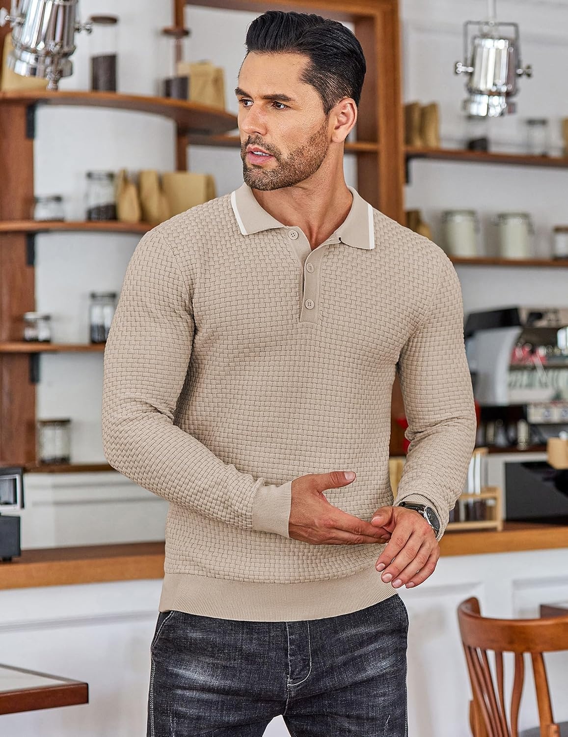 image:imageCOOFANDY Mens Knit Polo Shirts Casual Collared Long Sleeve Sweater PolosStripedlight Khaki