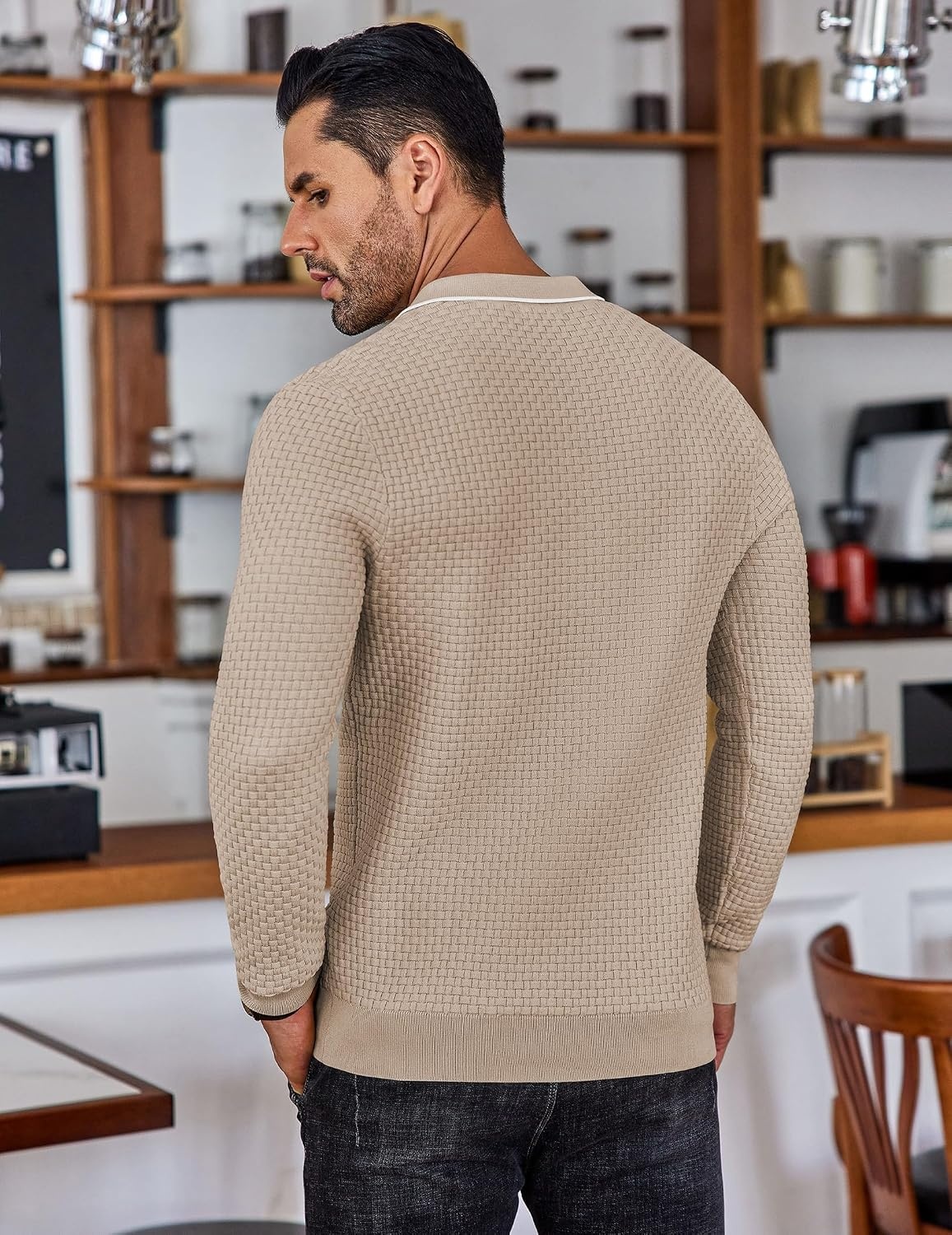 image:imageCOOFANDY Mens Knit Polo Shirts Casual Collared Long Sleeve Sweater PolosStripedlight Khaki