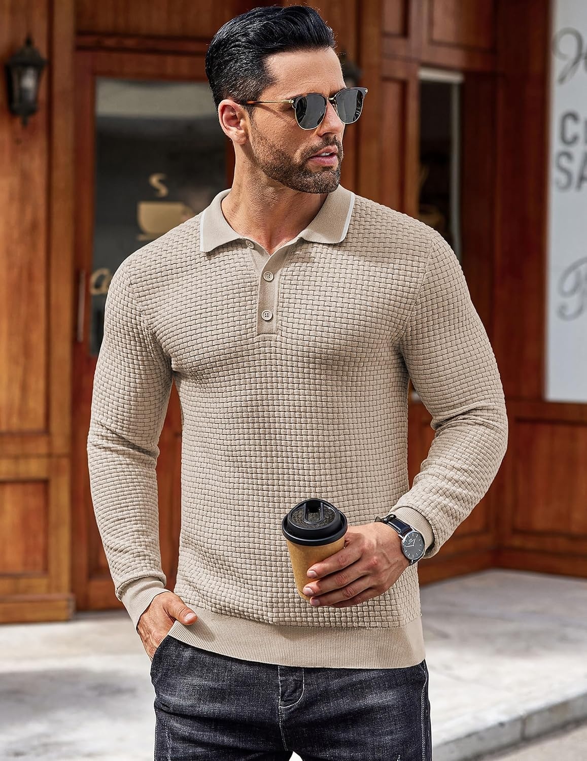 image:imageCOOFANDY Mens Knit Polo Shirts Casual Collared Long Sleeve Sweater PolosStripedlight Khaki