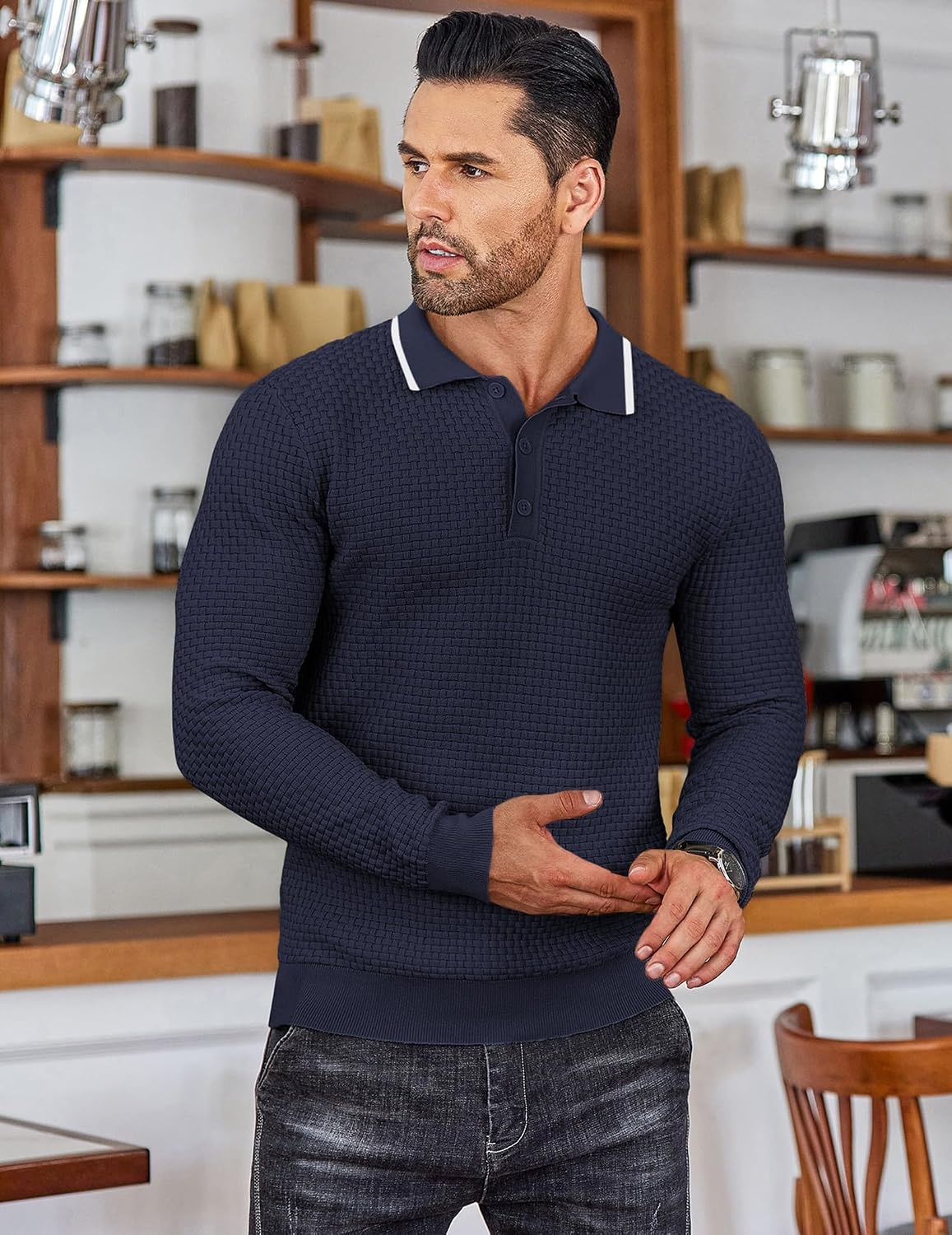 image:imageCOOFANDY Mens Knit Polo Shirts Casual Collared Long Sleeve Sweater PolosStripednavy Blue