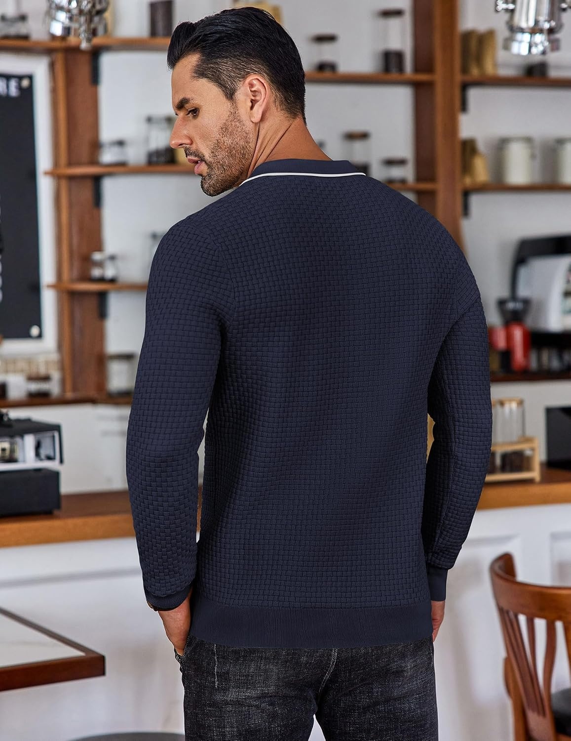 image:imageCOOFANDY Mens Knit Polo Shirts Casual Collared Long Sleeve Sweater PolosStripednavy Blue