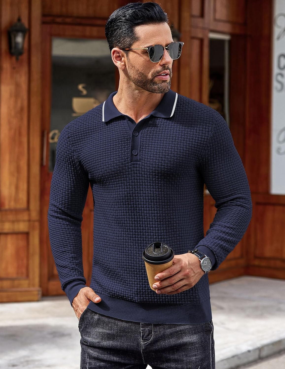 image:imageCOOFANDY Mens Knit Polo Shirts Casual Collared Long Sleeve Sweater PolosStripednavy Blue