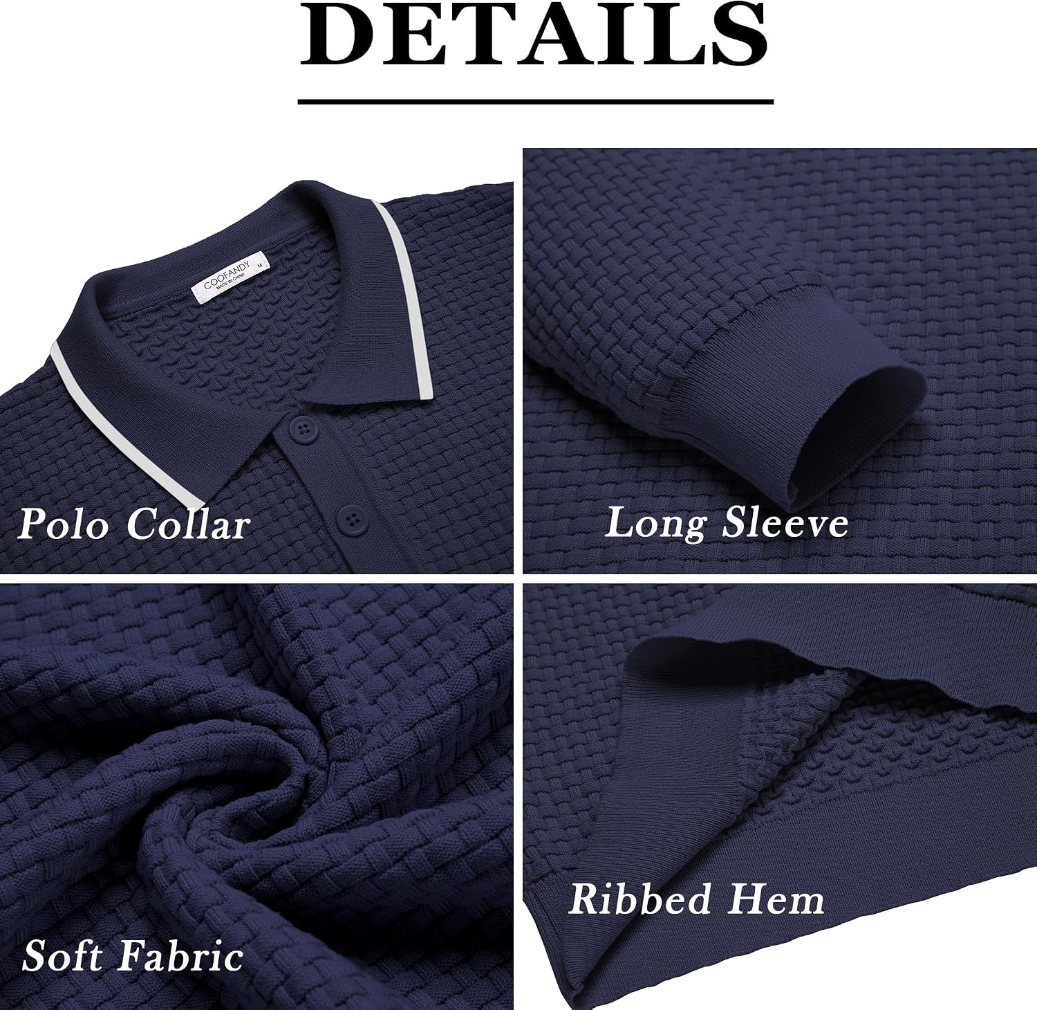 image:imageCOOFANDY Mens Knit Polo Shirts Casual Collared Long Sleeve Sweater PolosStripednavy Blue