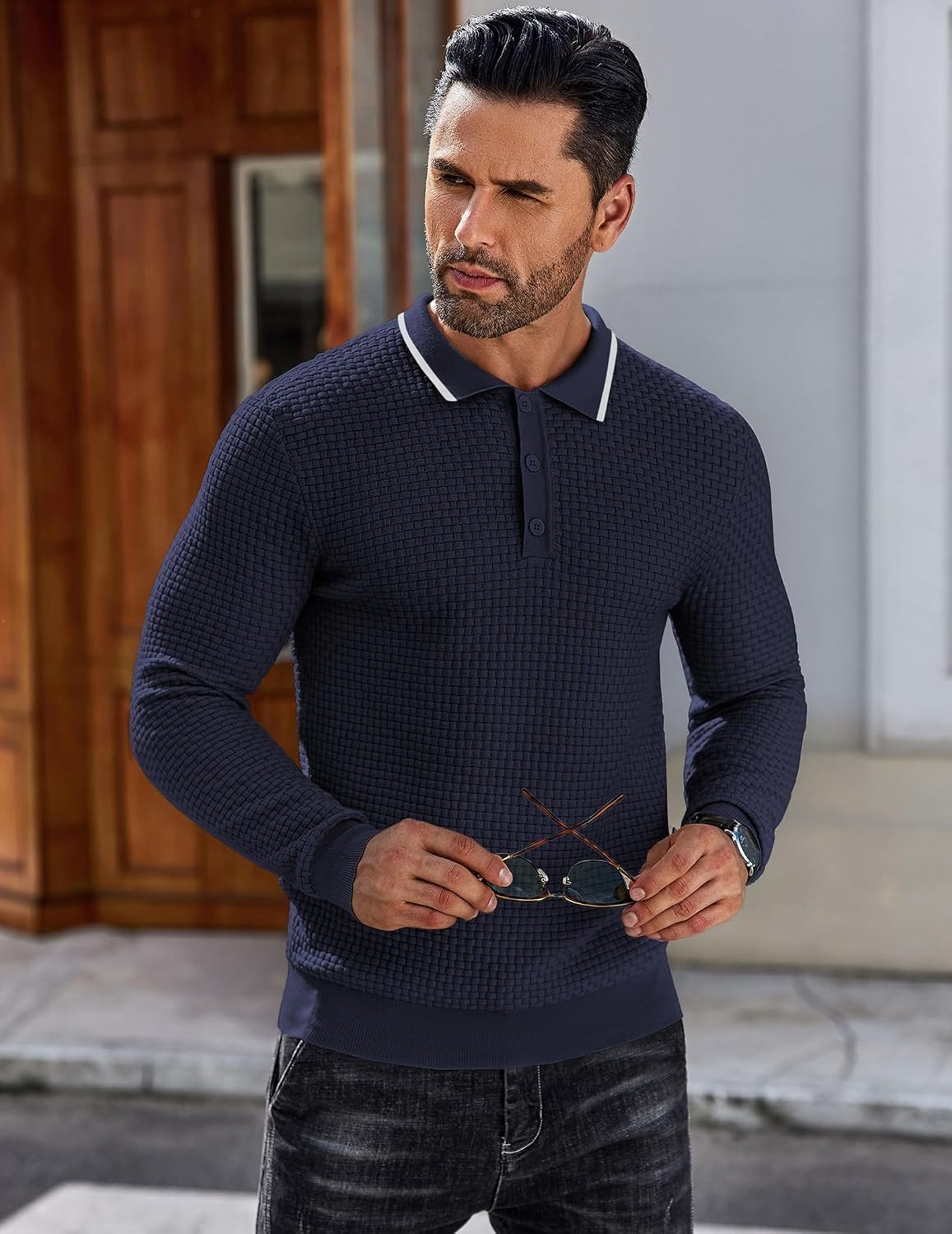 image:imageCOOFANDY Mens Knit Polo Shirts Casual Collared Long Sleeve Sweater PolosStripednavy Blue