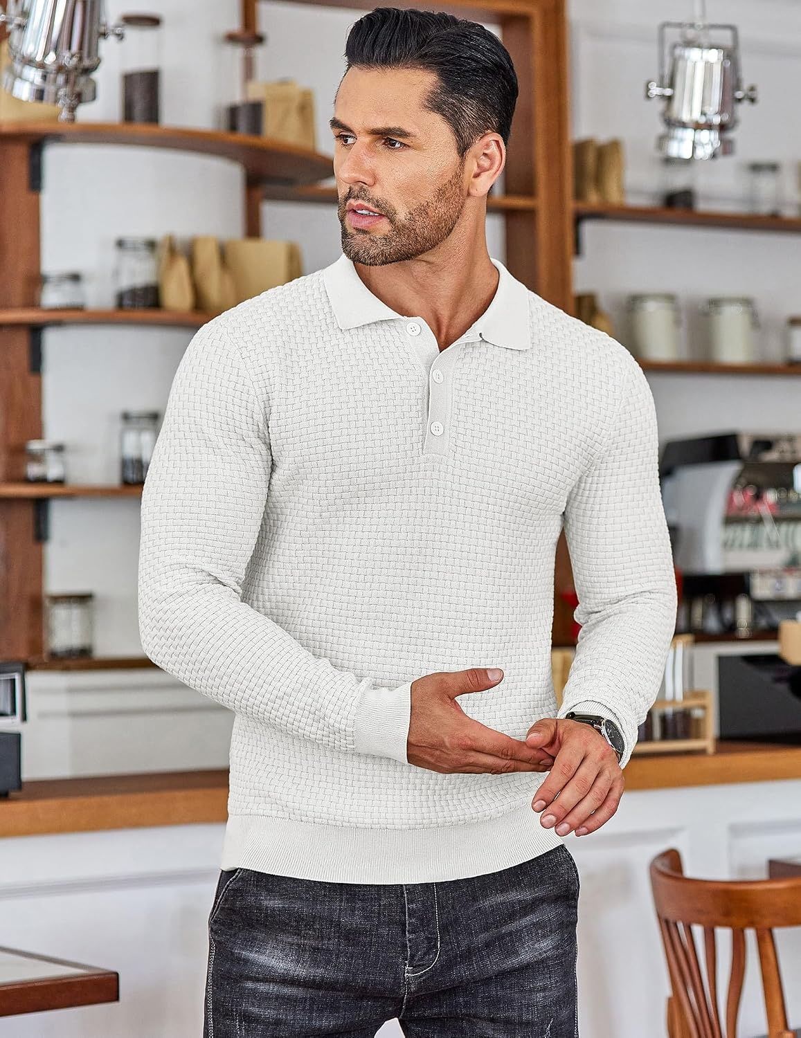 image:imageCOOFANDY Mens Knit Polo Shirts Casual Collared Long Sleeve Sweater PolosWhite