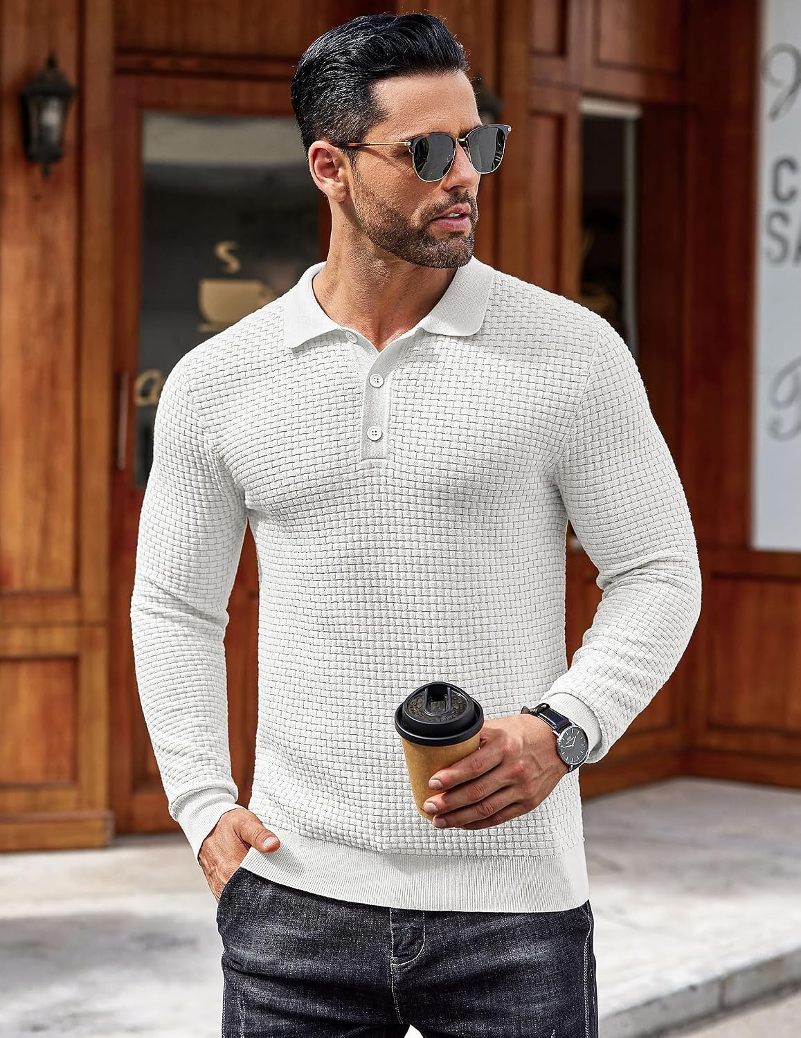 image:imageCOOFANDY Mens Knit Polo Shirts Casual Collared Long Sleeve Sweater PolosWhite