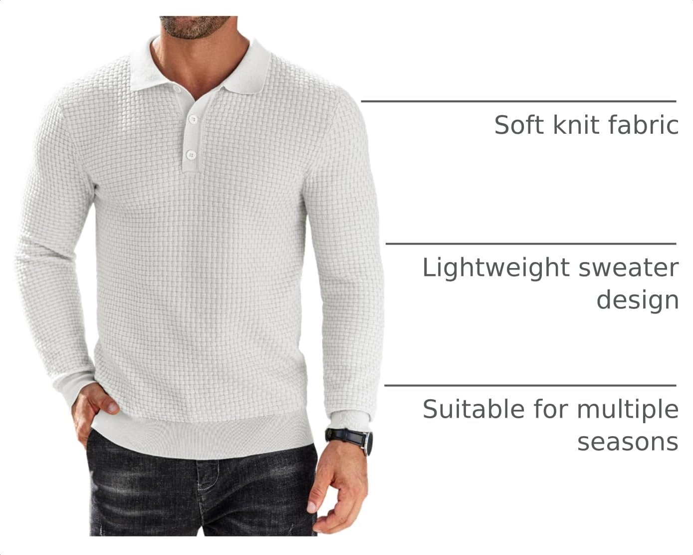 image:imageCOOFANDY Mens Knit Polo Shirts Casual Collared Long Sleeve Sweater PolosWhite