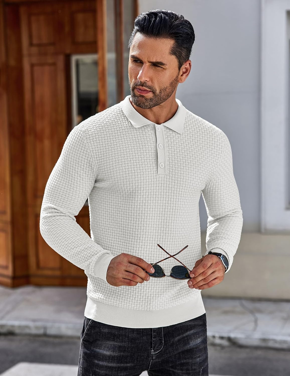 image:imageCOOFANDY Mens Knit Polo Shirts Casual Collared Long Sleeve Sweater PolosWhite