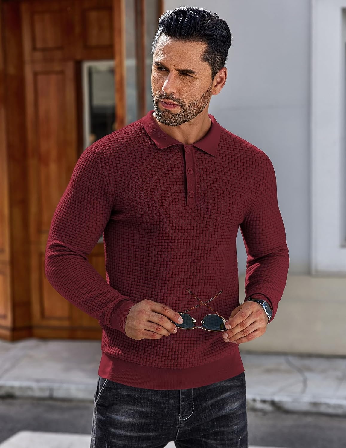 image:imageCOOFANDY Mens Knit Polo Shirts Casual Collared Long Sleeve Sweater PolosWine Red