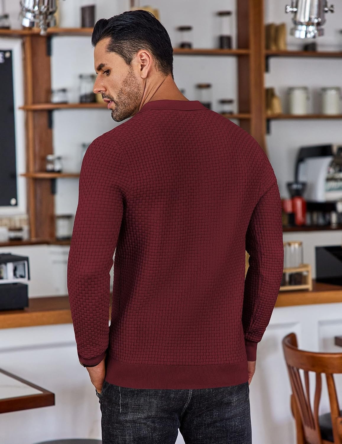 image:imageCOOFANDY Mens Knit Polo Shirts Casual Collared Long Sleeve Sweater PolosWine Red