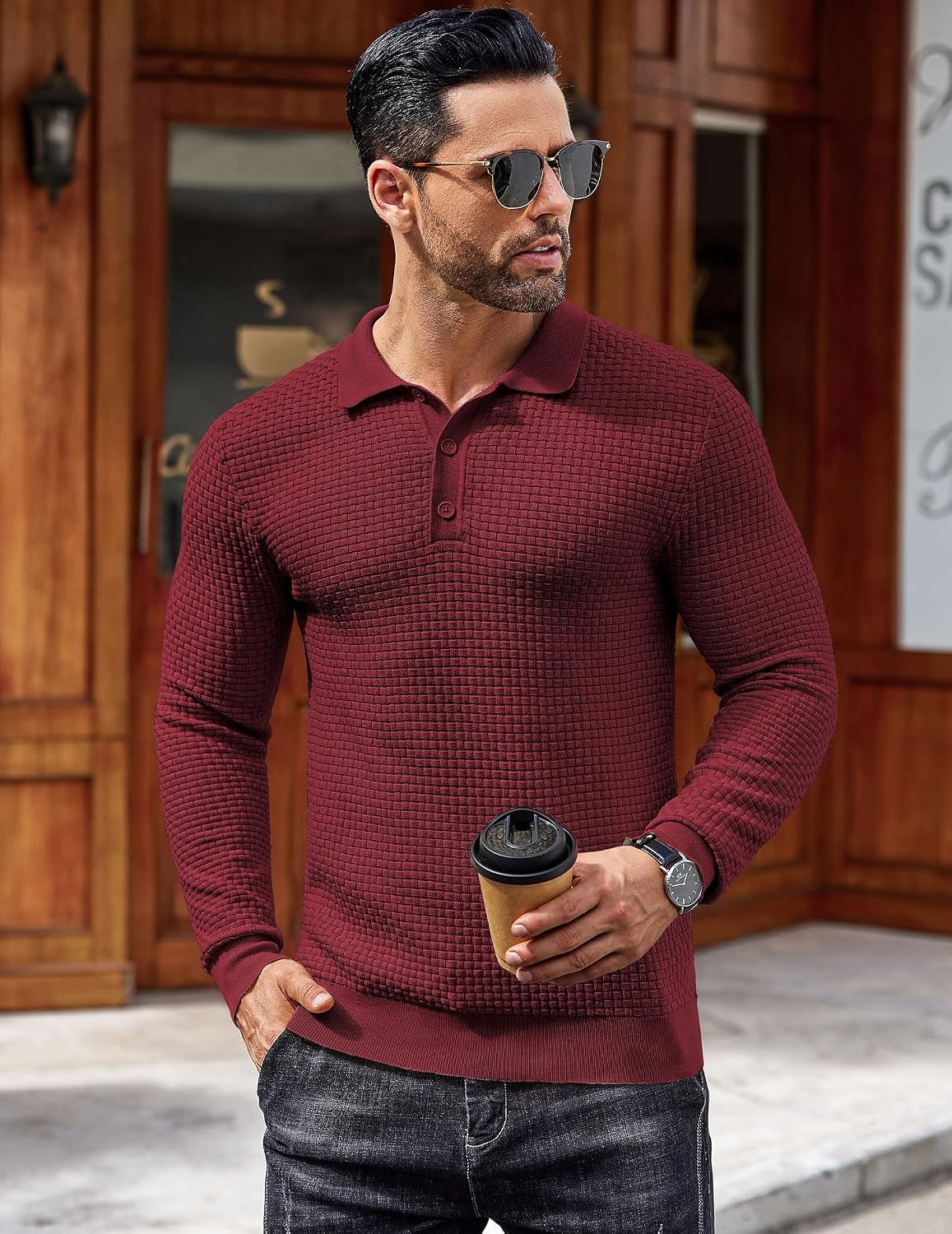 image:imageCOOFANDY Mens Knit Polo Shirts Casual Collared Long Sleeve Sweater PolosWine Red
