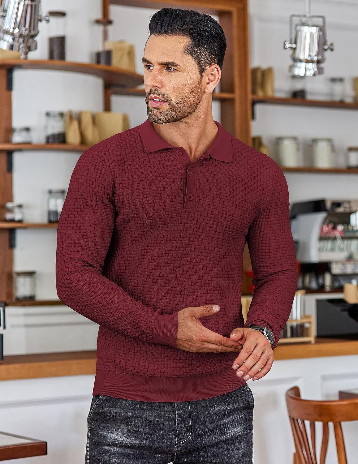 image:imageCOOFANDY Mens Knit Polo Shirts Casual Collared Long Sleeve Sweater PolosWine Red