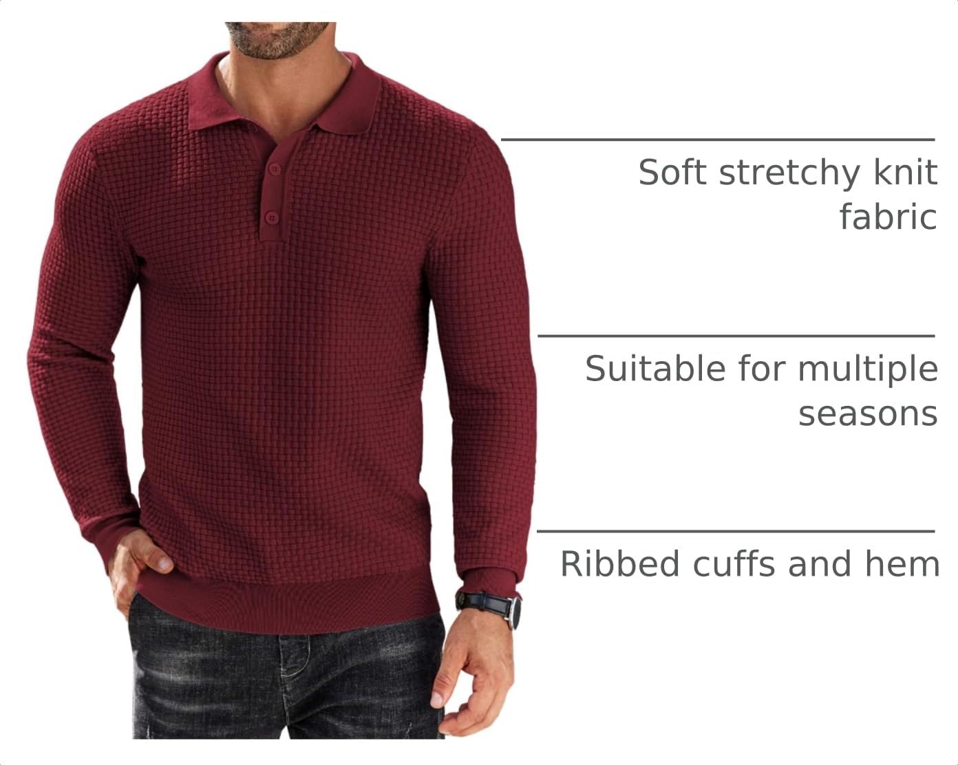 image:imageCOOFANDY Mens Knit Polo Shirts Casual Collared Long Sleeve Sweater PolosWine Red