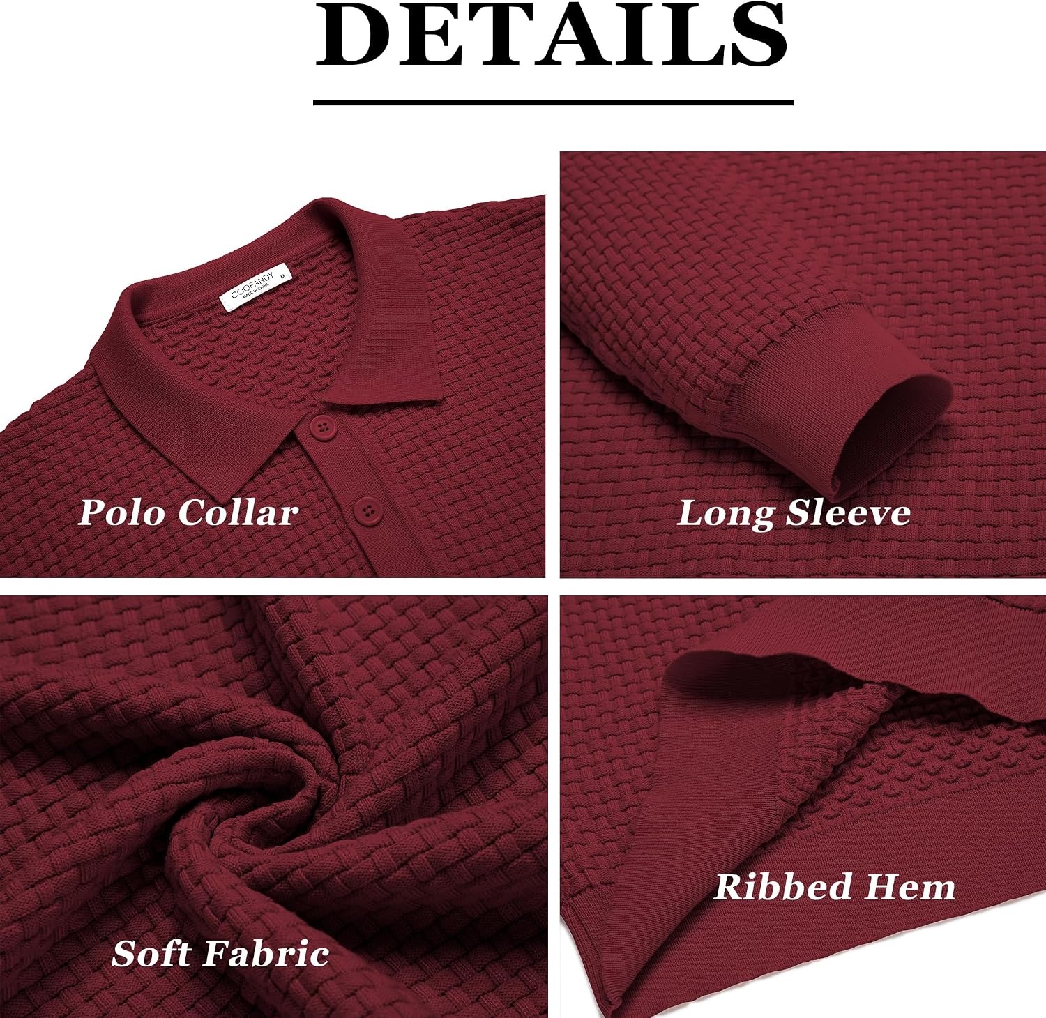 image:imageCOOFANDY Mens Knit Polo Shirts Casual Collared Long Sleeve Sweater PolosWine Red