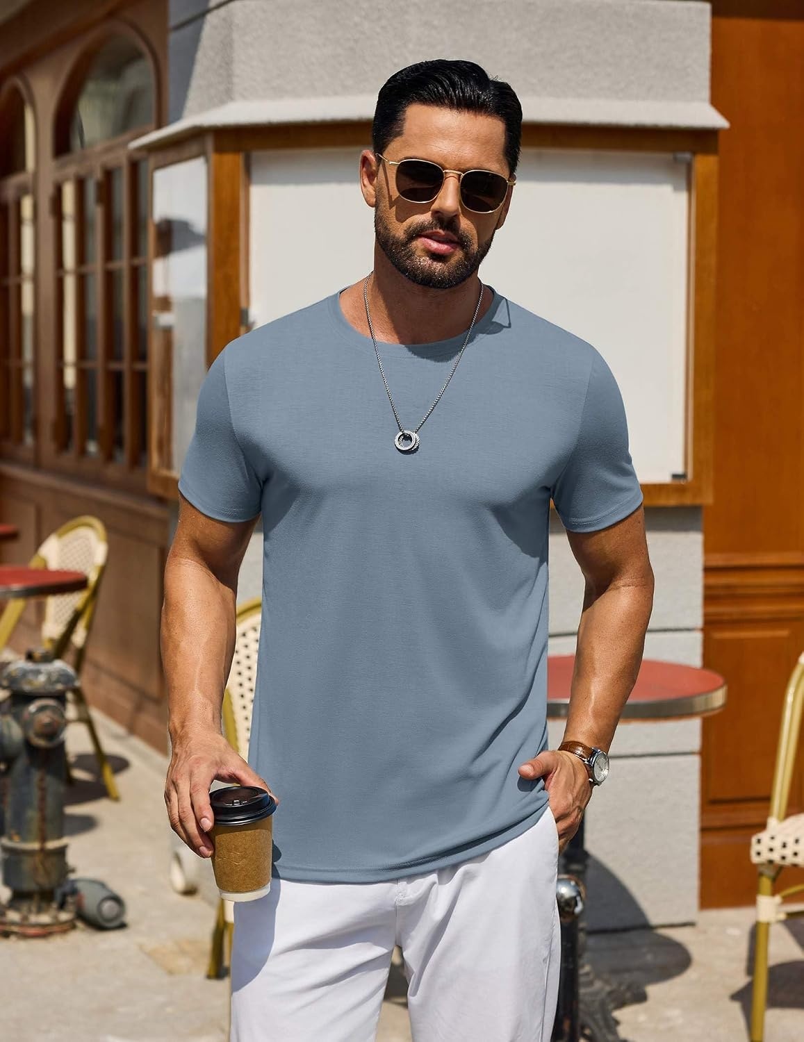 image:imageCOOFANDY Mens T Shirt Short Sleeve Casual TShirts Crew Neck Basic Tee ShirtsMisty Blue