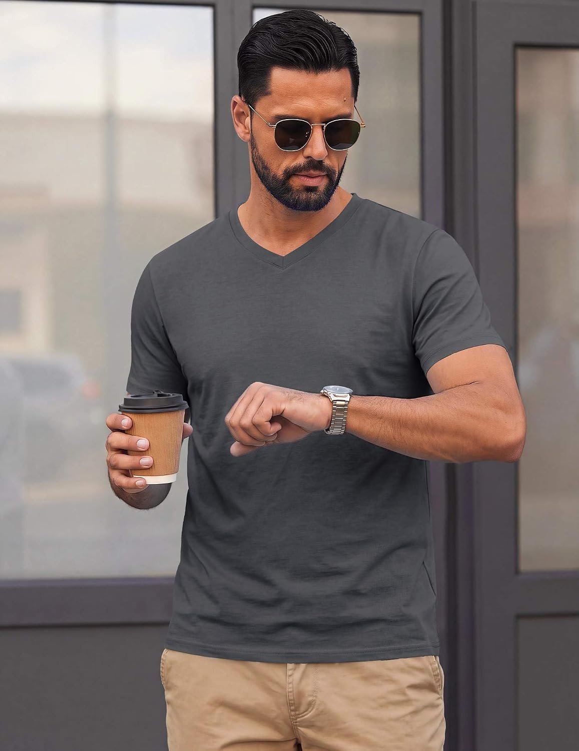image:imageCOOFANDY Mens T Shirts Short Sleeve V Neck TShirt Casual Plain Basic TeeDark Gray