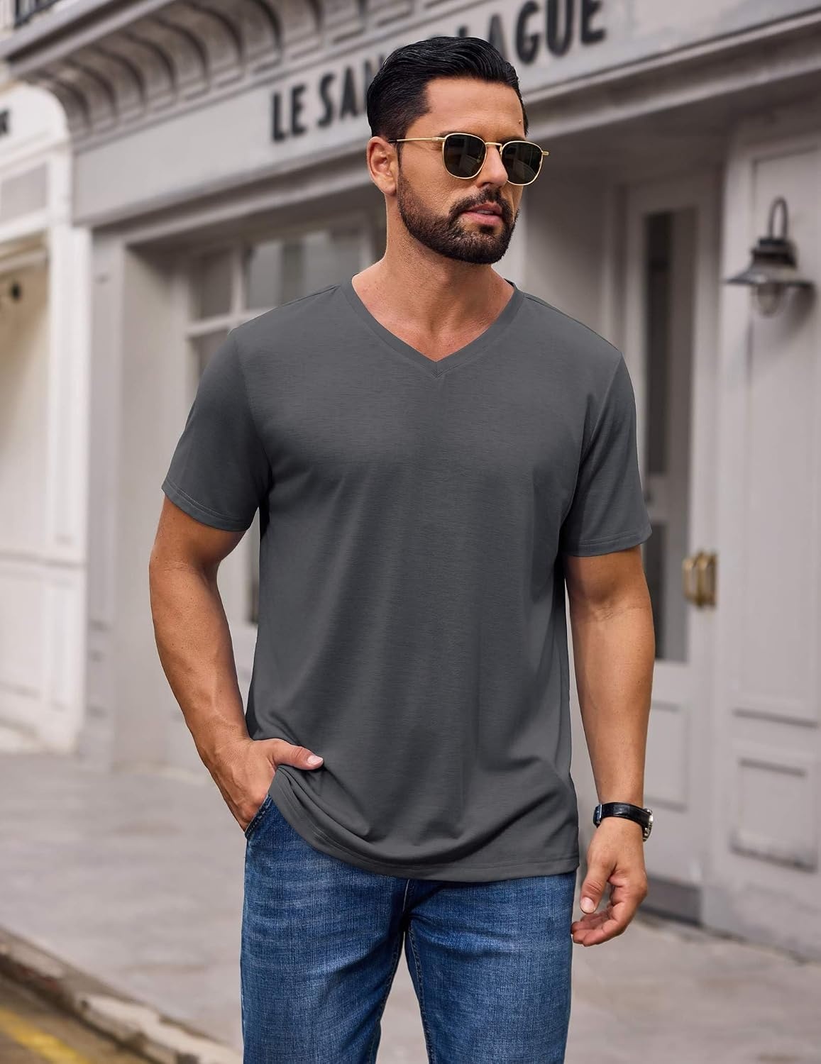 image:imageCOOFANDY Mens T Shirts Short Sleeve V Neck TShirt Casual Plain Basic TeeDark Gray