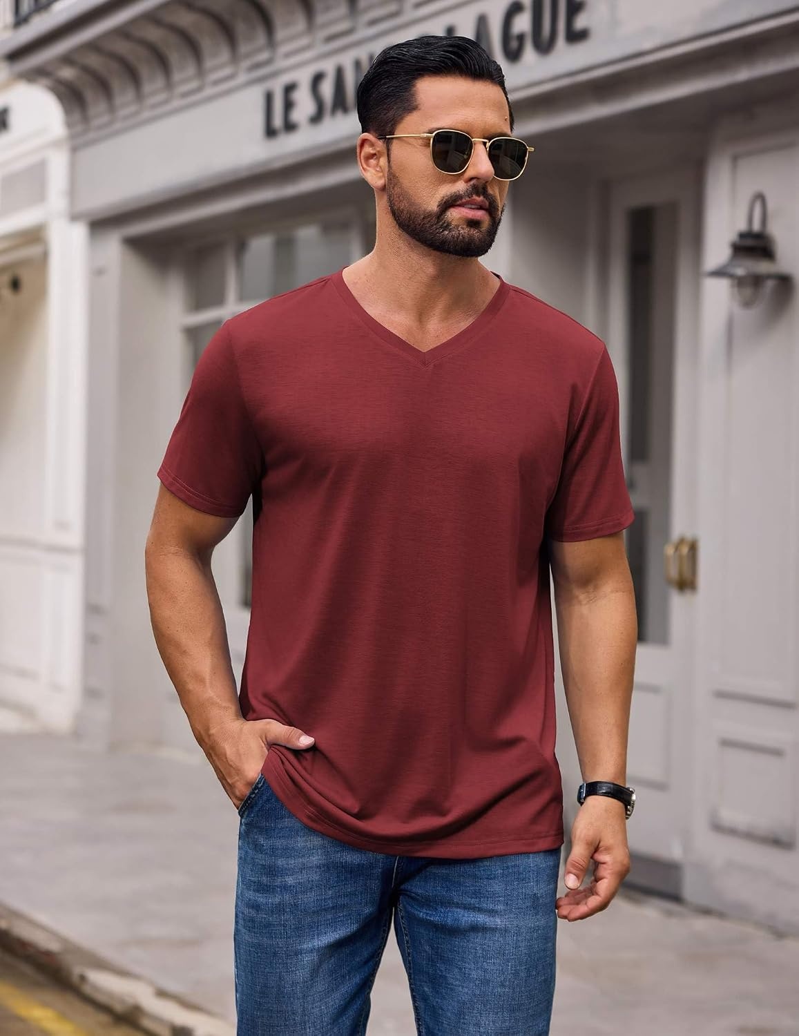 image:imageCOOFANDY Mens T Shirts Short Sleeve V Neck TShirt Casual Plain Basic TeeDark Red
