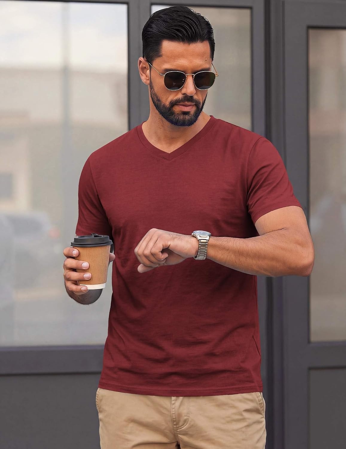 image:imageCOOFANDY Mens T Shirts Short Sleeve V Neck TShirt Casual Plain Basic TeeDark Red