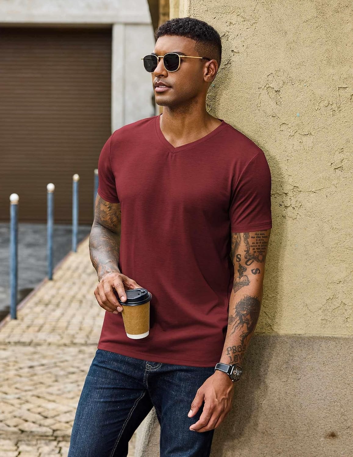 image:imageCOOFANDY Mens T Shirts Short Sleeve V Neck TShirt Casual Plain Basic TeeDark Red