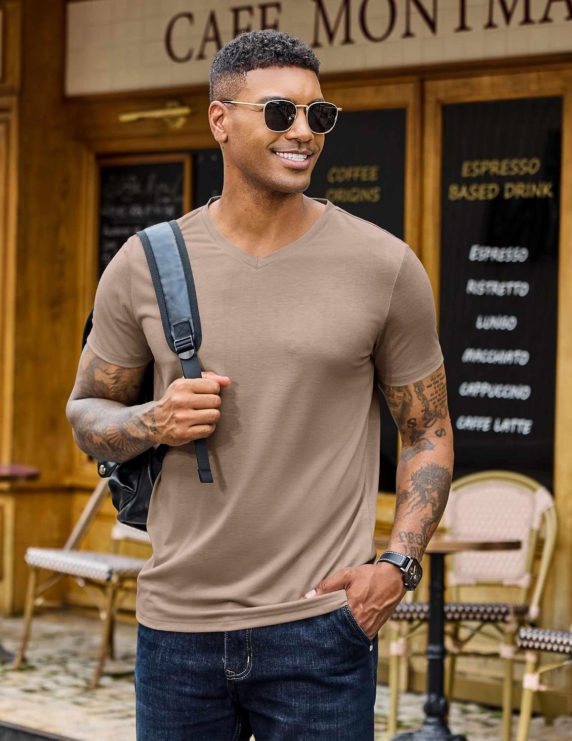 image:imageCOOFANDY Mens T Shirts Short Sleeve V Neck TShirt Casual Plain Basic TeeKhaki