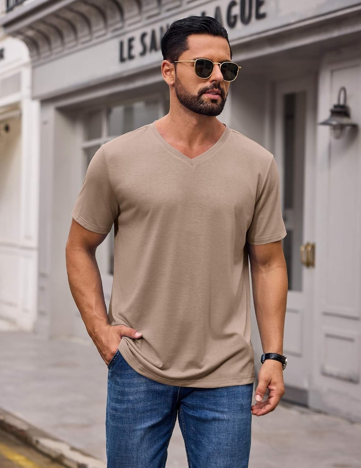 image:imageCOOFANDY Mens T Shirts Short Sleeve V Neck TShirt Casual Plain Basic TeeKhaki