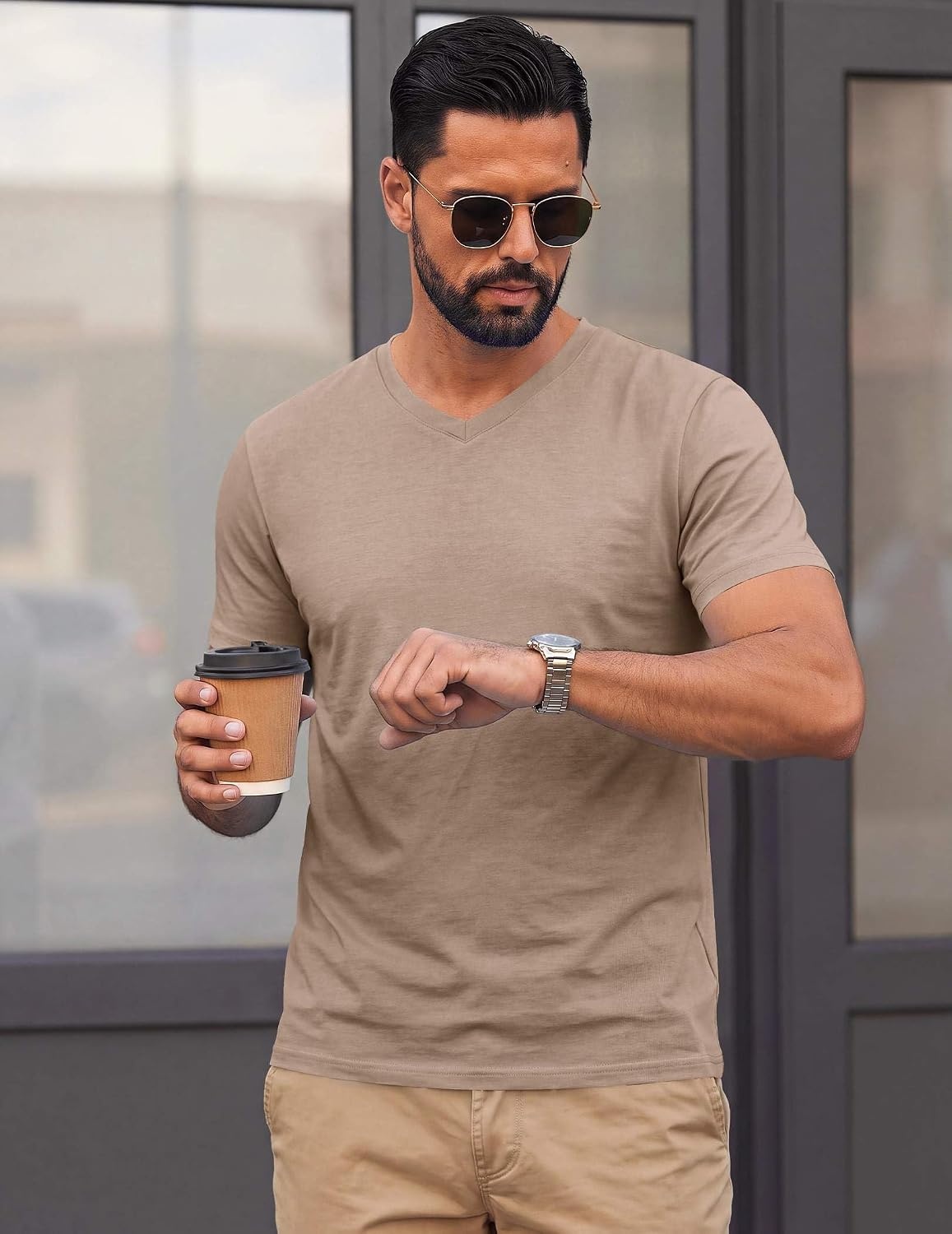 image:imageCOOFANDY Mens T Shirts Short Sleeve V Neck TShirt Casual Plain Basic TeeKhaki