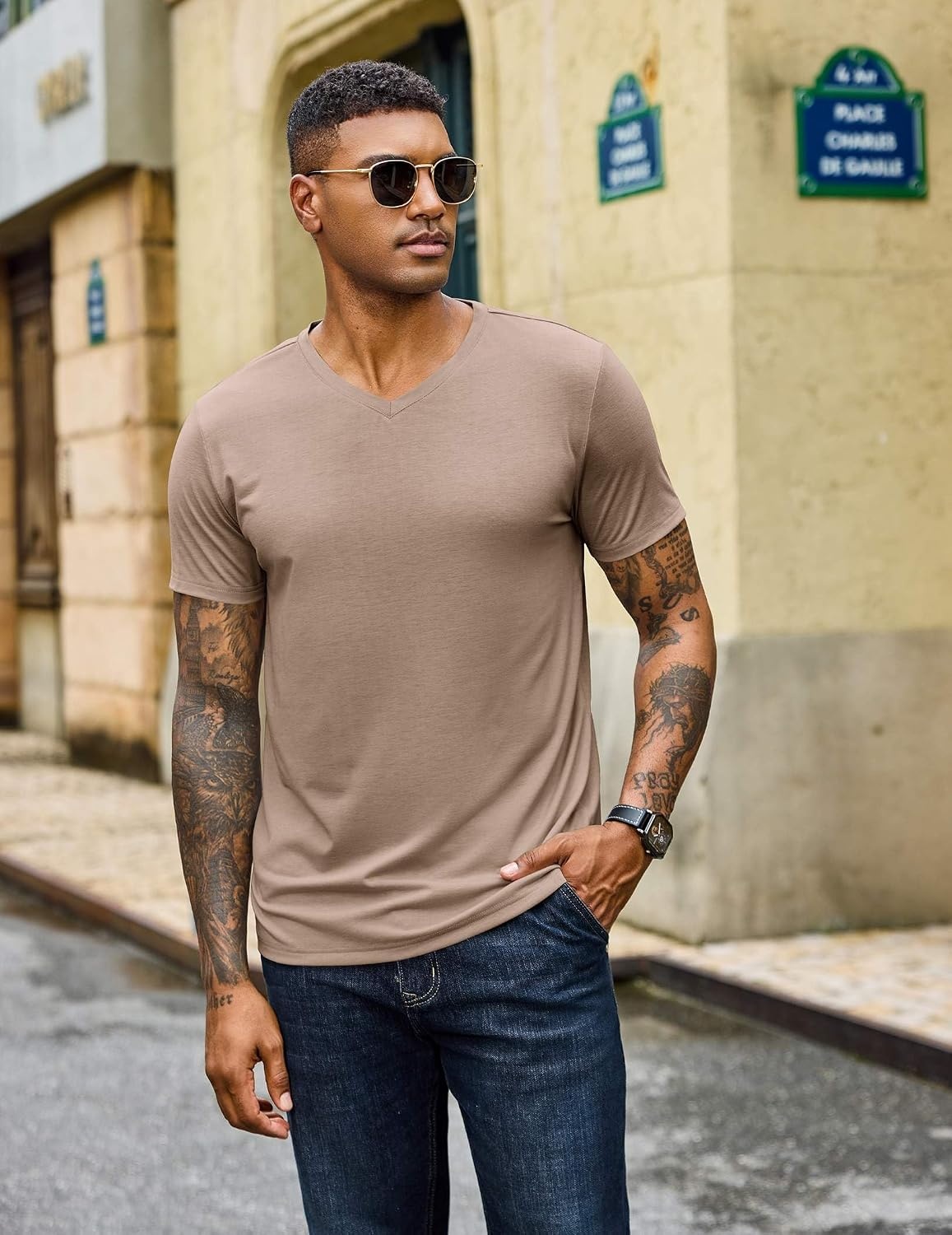 image:imageCOOFANDY Mens T Shirts Short Sleeve V Neck TShirt Casual Plain Basic TeeKhaki