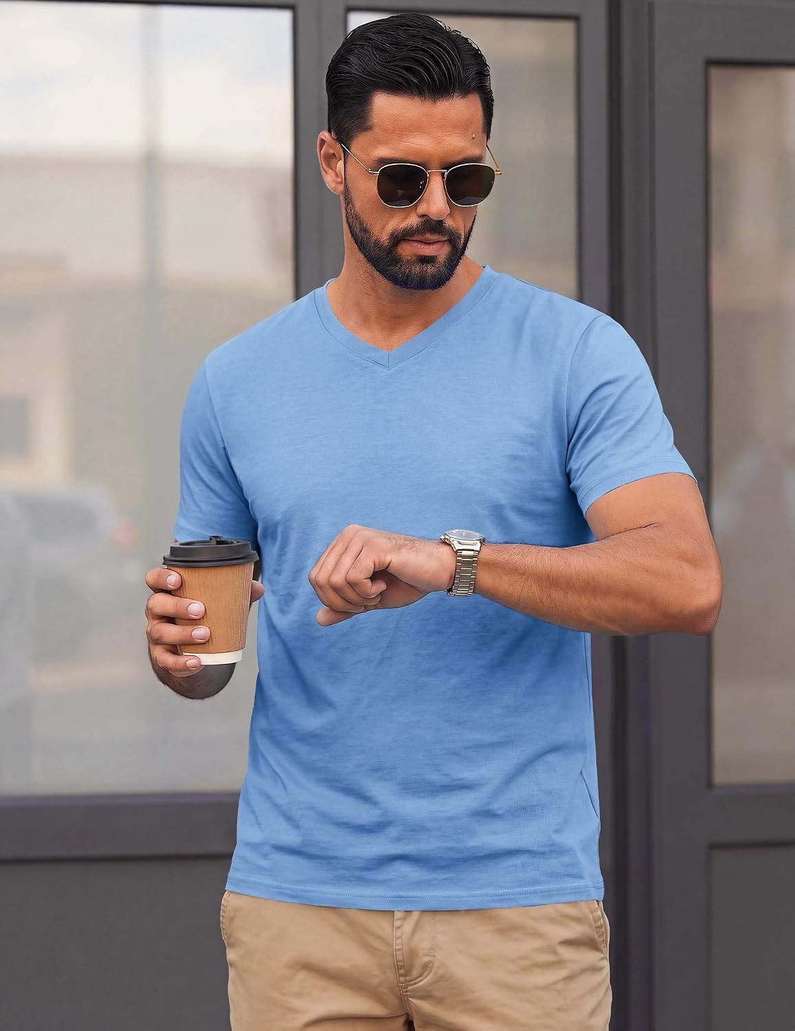 image:imageCOOFANDY Mens T Shirts Short Sleeve V Neck TShirt Casual Plain Basic TeeLight Blue