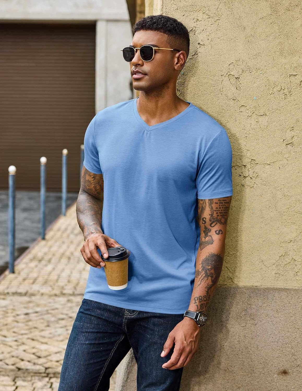 image:imageCOOFANDY Mens T Shirts Short Sleeve V Neck TShirt Casual Plain Basic TeeLight Blue