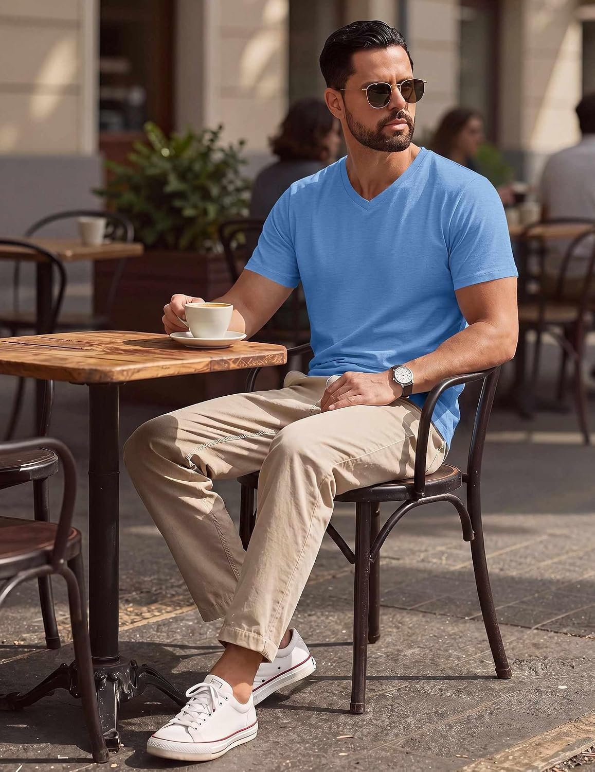 image:imageCOOFANDY Mens T Shirts Short Sleeve V Neck TShirt Casual Plain Basic TeeLight Blue