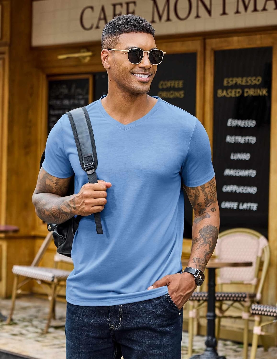 image:imageCOOFANDY Mens T Shirts Short Sleeve V Neck TShirt Casual Plain Basic TeeLight Blue