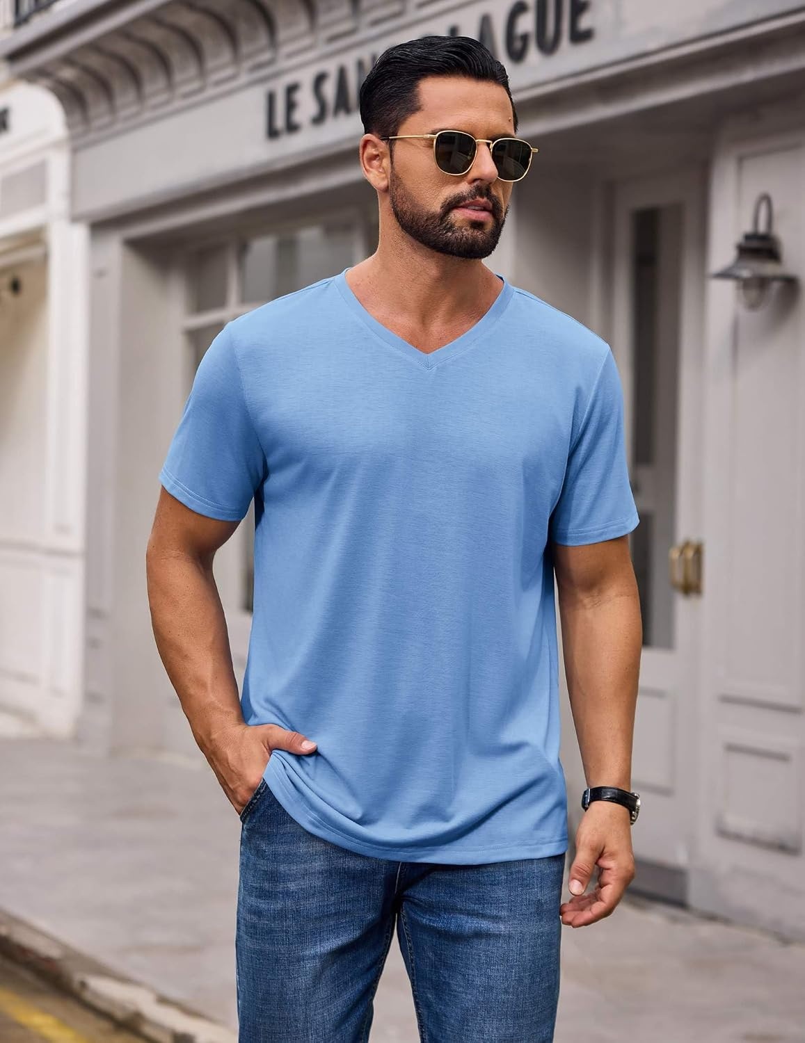 image:imageCOOFANDY Mens T Shirts Short Sleeve V Neck TShirt Casual Plain Basic TeeLight Blue